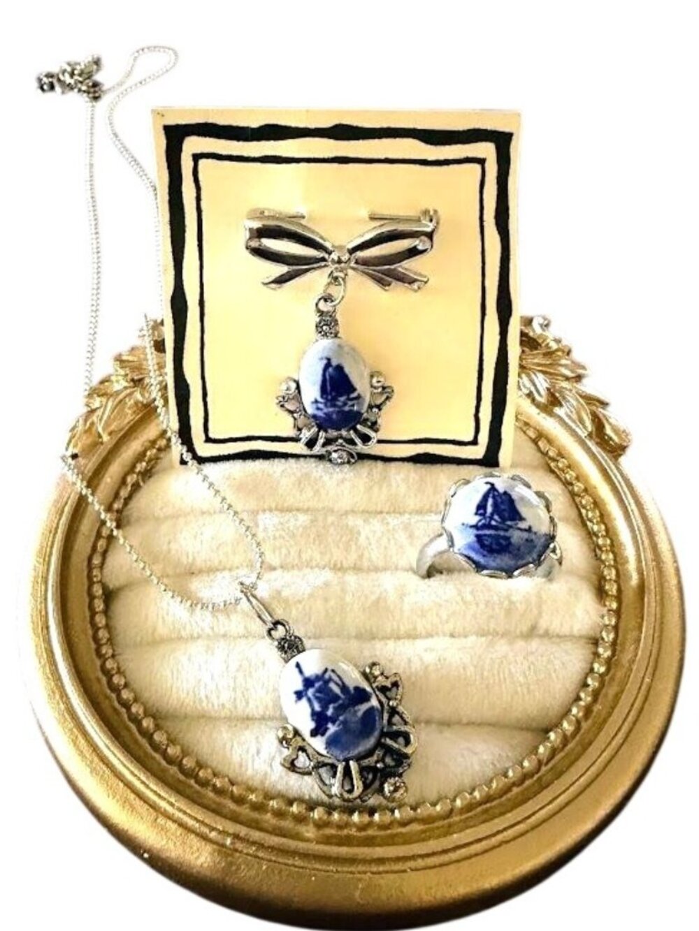 Vintage Blue Delft Porcelain Sailboat Jewelry Set Necklace Brooch Ring